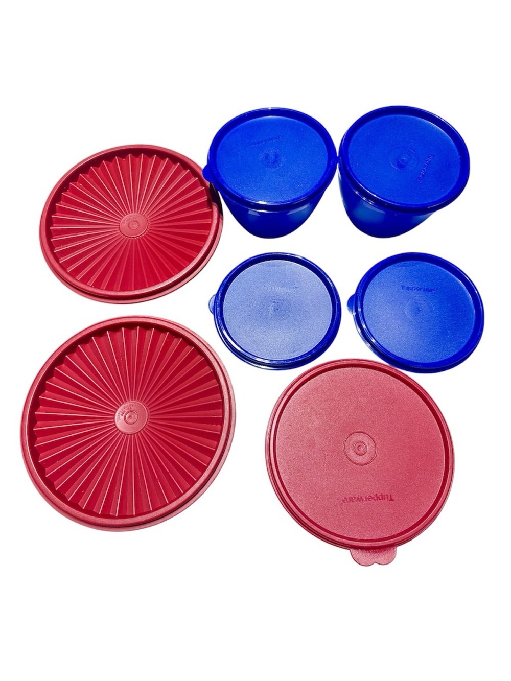 Lot of 7 Tupperware Bowls with Lids in Dark Blue & Red